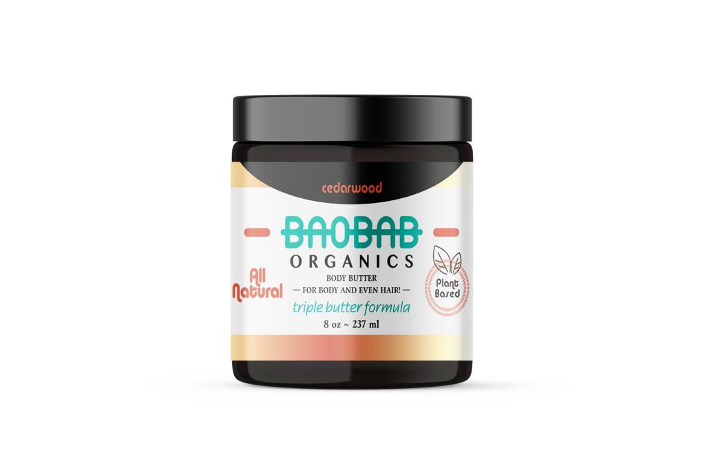 Our whipped triple butter is made with West African unrefined shea butter, cocoa butter, and mango butter that is mixed to perfection. Along with our signature baobab oil, this formula is guaranteed to leave you hair and skin healthy and moisturized from within. This butter is also formulated with the aromatherapy of cedarwood essential oil known to help relieve stress and anxiety.