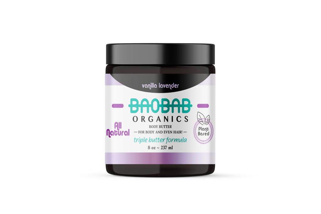 Our whipped triple butter is made with West African unrefined shea butter, cocoa butter, and mango butter that is mixed to perfection. Along with our signature baobab oil, this formula is guaranteed to leave you hair and skin healthy and moisturized from within. This butter is also formulated with the aromatherapy of vanilla and lavender essential oils known to promote better sleep and relaxation.